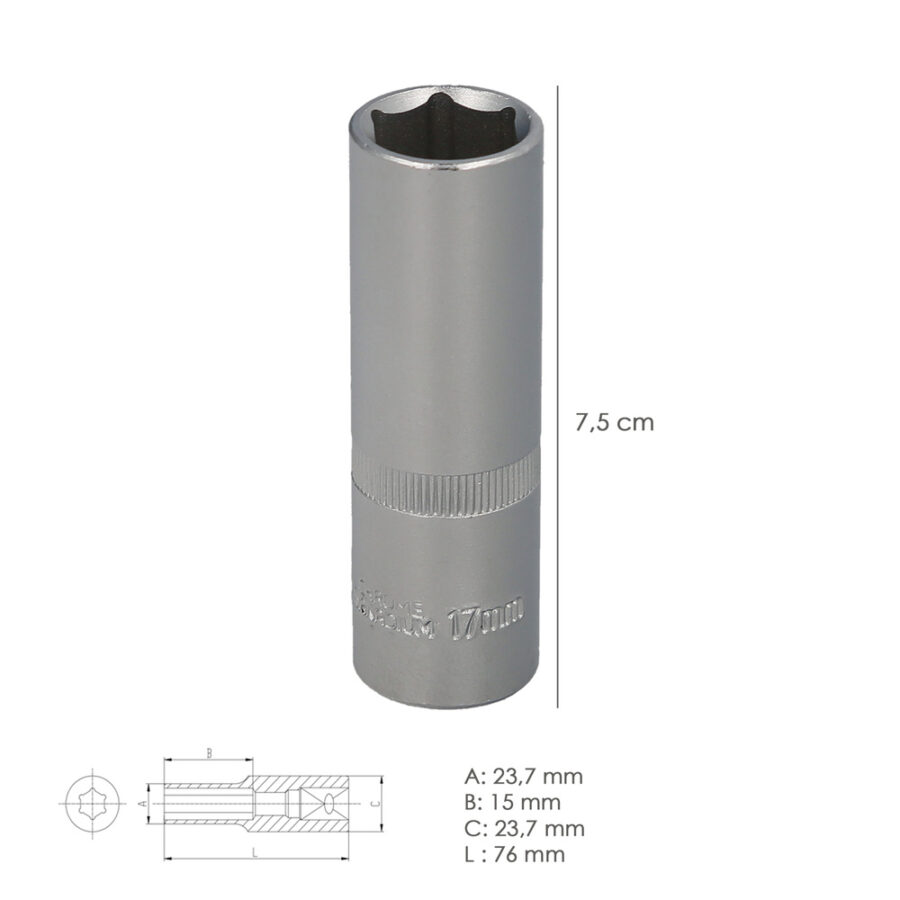 Llave Vaso 1/2" Hexagonal Larga 17 mm. Perfil de 6 caras. Acero Cromo Vanadio, Aristas Redondas