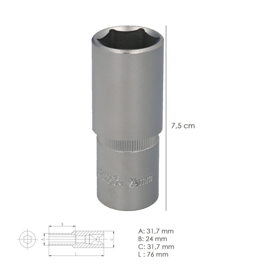 Llave Vaso 1/2" Hexagonal Larga 24 mm. Perfil de 6 caras. Acero Cromo Vanadio, Aristas Redondas
