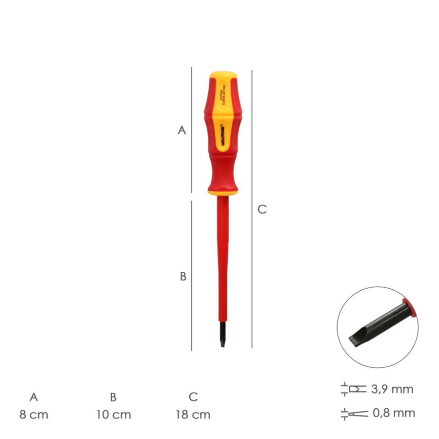 Destornillador Plano Aislado Certificado VDE 1.000 V. Medida 0,8 x Ø 4,0 x 100 mm. Destornillador Seguridad Electricista