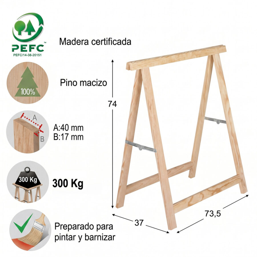 Caballete Madera de Pino Macizo 74x74cm Alto
