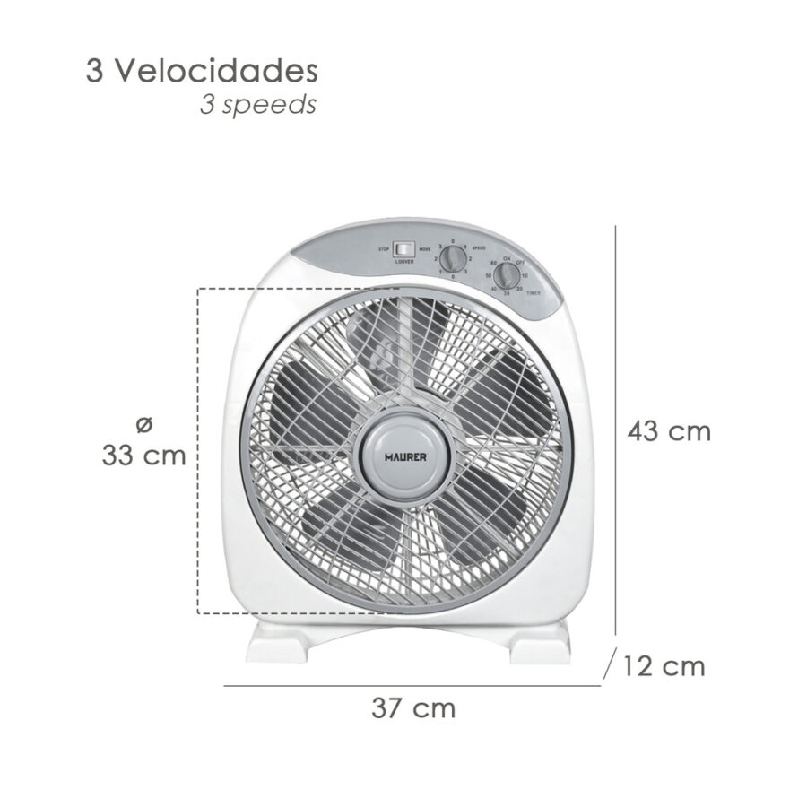 Ventilador Maurer Box Ø 30cm 40 Watt. 3 velocidades Aspas gran tamaño, 3 Con temporizador