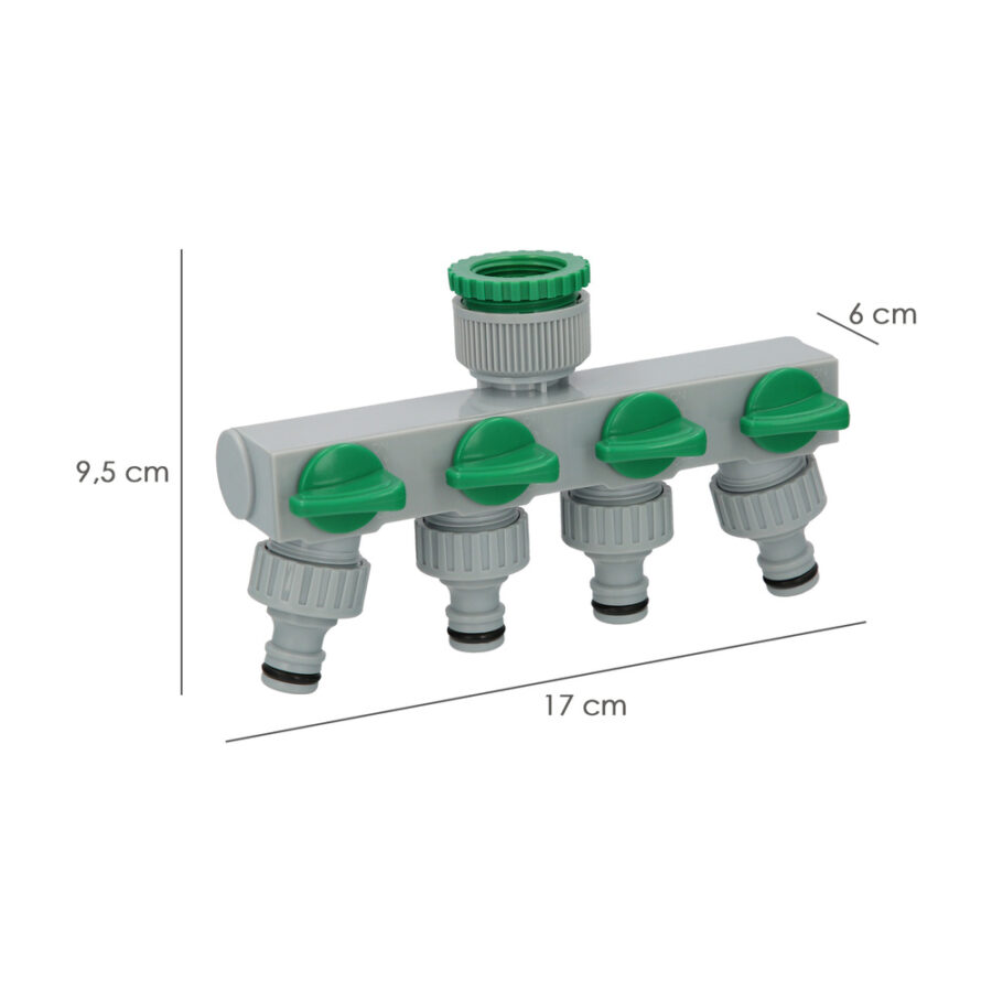 Adaptador Manguera Plastico 3/4" - 1" 4 Vias, Distribuidor 4 vias, Divisor Manguera, Ajuste Independiente, Tomas 1/2+Adaptador