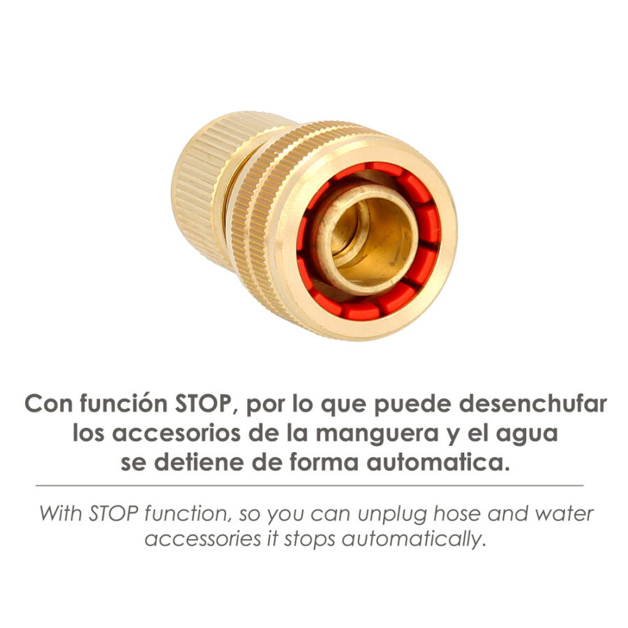 Conector Manguera Con Función STOP Fabricado en Laton 3/4" Hembra, Adaptador Grifo, Conector Grifo A Conector Rapido