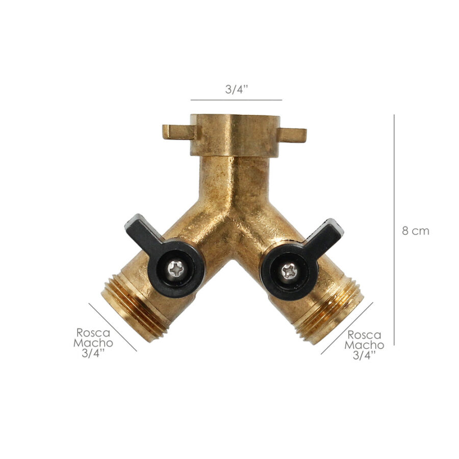 Adaptador Manguera Laton 2 Tomas Macho 3/4", Duplicador Grifo, Adaptador 2 Vias, Entrada 3/4" Hembra