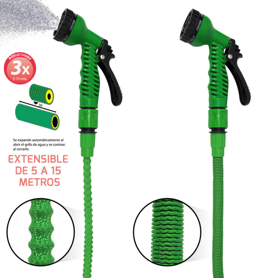 Manguera Extensible Riego 5 a 15 Metros Con Pistola De 7 Posiciones