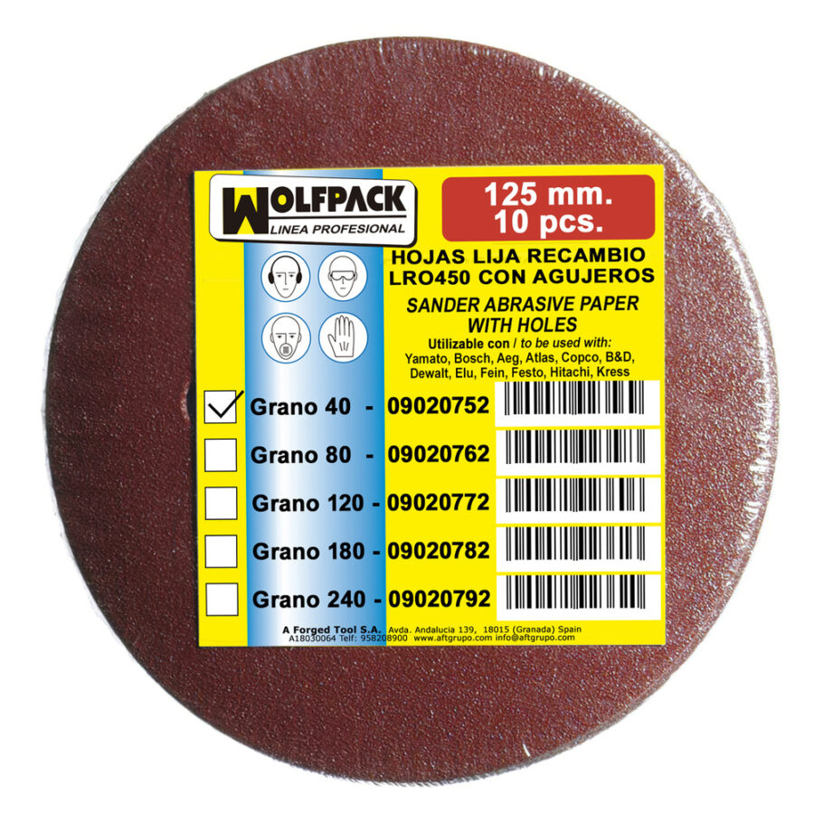 Lija Recambio Velcro Para Lijadoras Excentricas Disco 125 Ø Con Agujeros Grano 40 (10 Piezas)