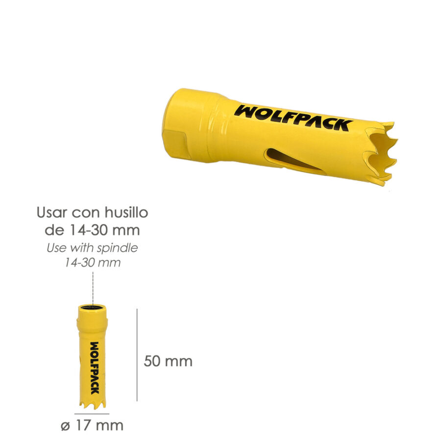 Corona Sierra Bimetal Ø 17 mm. Templado Termico, Base Reforzada. Corona Madera, Broca Agujeros Madera, Acero, Hierro, Plasticos