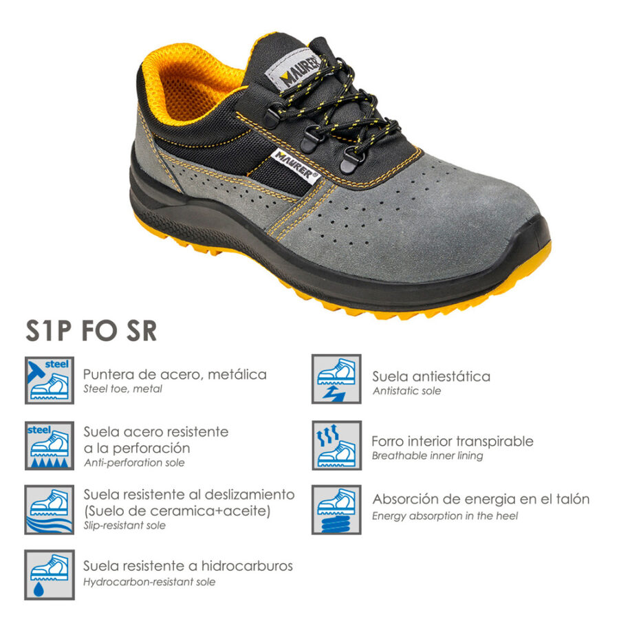 Zapato Seguridad Maurer S1 Modelo Vittoria Transpirables concon suela y puntera antiperforación Talla 41.