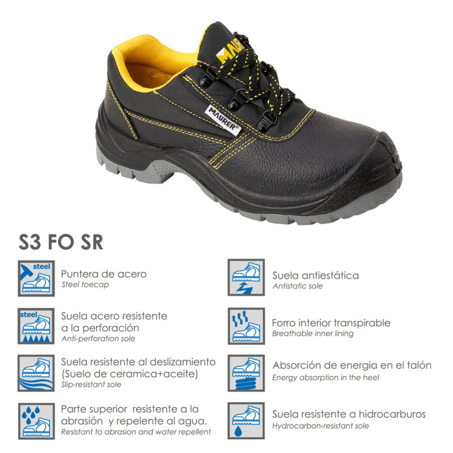 Zapato Bajo Seguridad Maurer S3 Modelo Capua Antideslizante Con Suela y Puntera Antiperación y Resistencia A Hidrocarburos Nº 36 (Par)