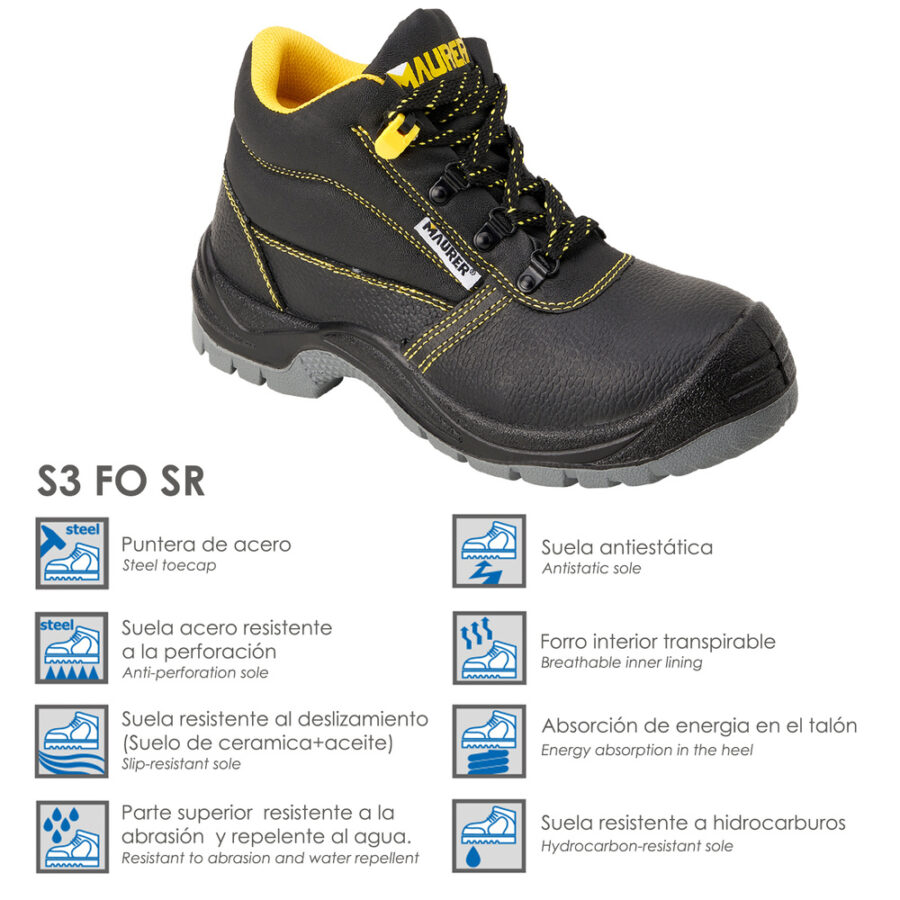 Botas Seguridad Maurer S3 Modelo Capua Antideslizante Con Suela y Puntera Antiperforación y Resistencia A Hidrocarburos Nº 36 (Par)