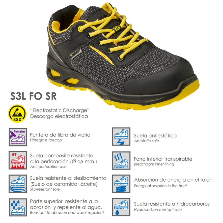 Zapatos Bajo Seguridad Maurer S3L Modelo Amerina Antideslizante con Suela Composite y Resistencia a los Hidrocarburos Talla 42