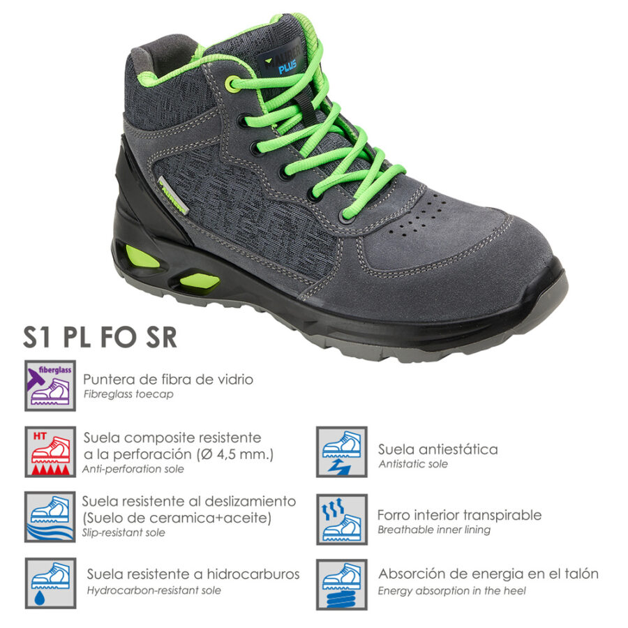 Botas Seguridad Maurer S1 Modelo Arlaz Antideslizante con suela y puntera antiperforación, Resistencia a los Hidrocarburos Nº 40