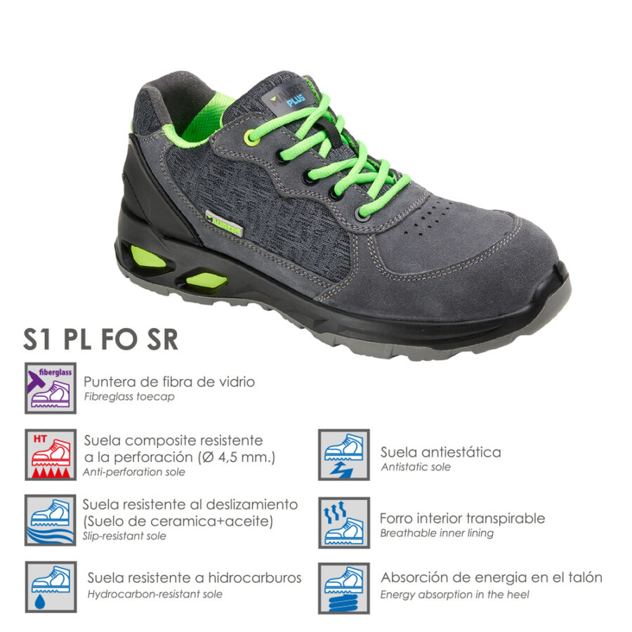 Zapatos Seguridad Maurer S1 Modelo Arlaz Antideslizante con Suela Composite y Resistencia a los Hidrocarburos. Talla 44.