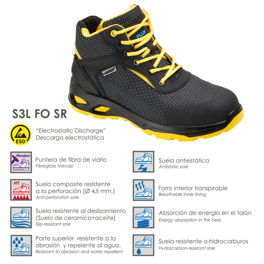 Botas Seguridad Maurer S3 Modelo Amerina Antideslizante con Suela Resistente a los Hidrocarburos. Talla 43.