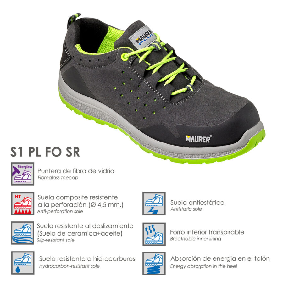 Deportiva Seguridad Maurer S1 Modelo Resia Antideslizante con Suela Resistente a los Hidrocarburos Talla 43.