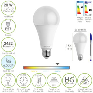 Bombilla Led Estandar Rosca E27. 20 Watt. Equivale A 150 Watt. 2452 Lumenes. Luz Fria (6500º K.)