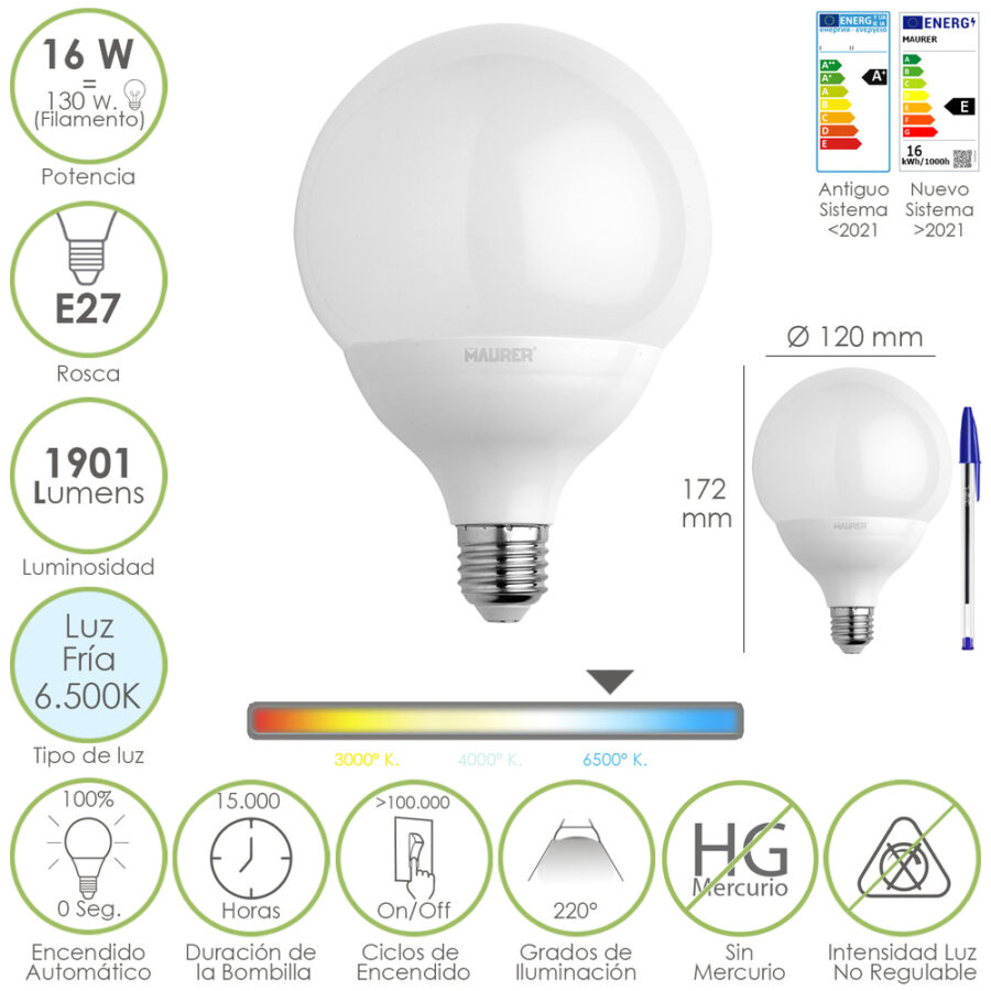 Bombilla Led Globo Rosca E27. 16 Watt. Equivale A 130 Watt. 1901 Lumenes. Luz Fria 6500º K.
